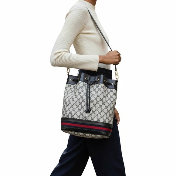 GUCCI Navy Monogram Bucket Bag Authentic Rare Canvas Shoulder Bag vintage - Picture 1 of 15